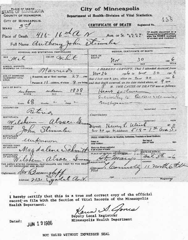 Anthony John Stimmler (1838-1906) Certificate of Death