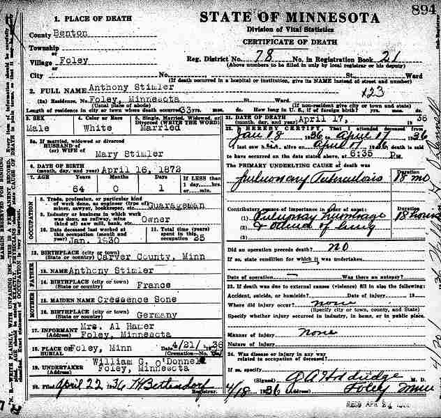 Certificate of Death for Anthony Stimler.