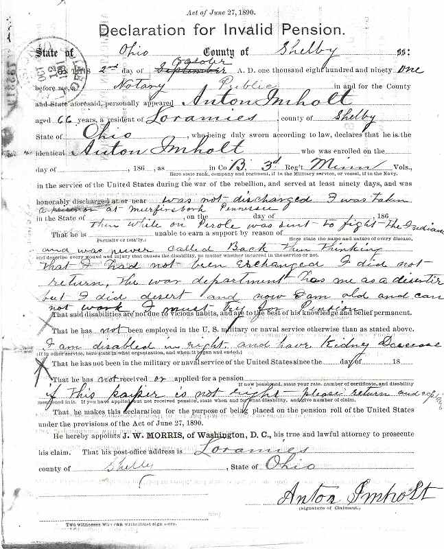 Declaration for Invalid Pension, dated October 2, 1891
