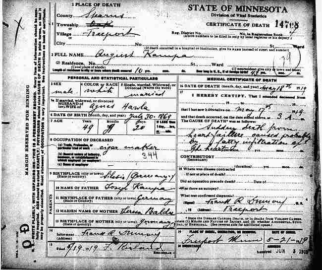 Certificate of Death for August Kampa.