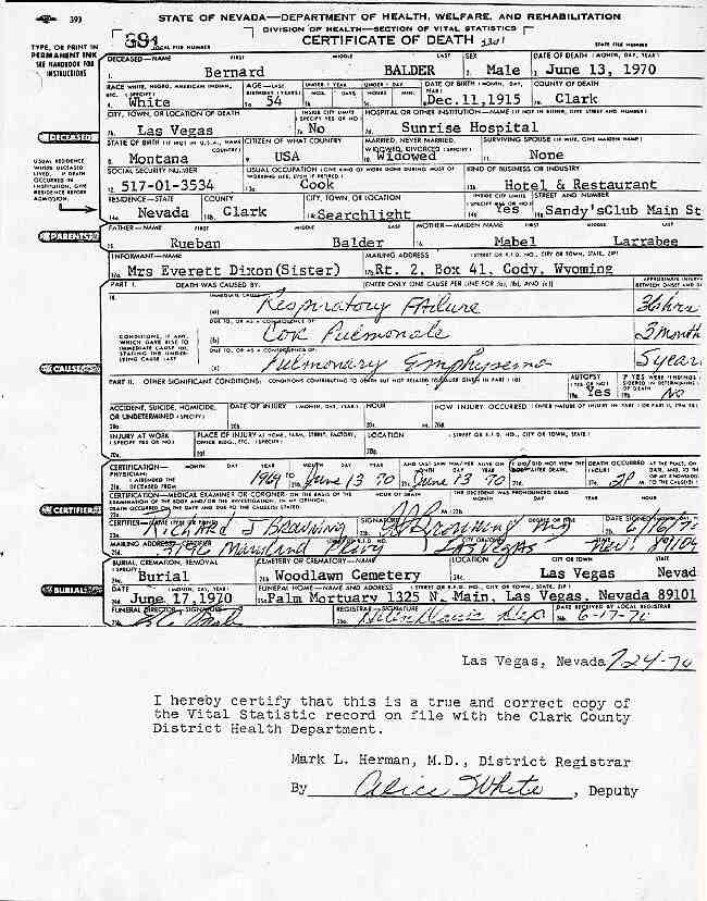 Certificate of Death for Bernard Alvin Balder