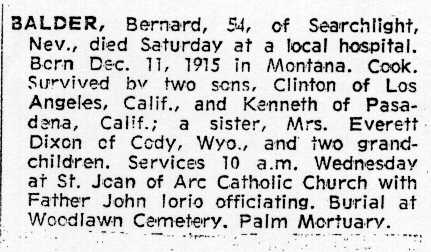 First Obituary of Bernard Alvin Balder, Nevada