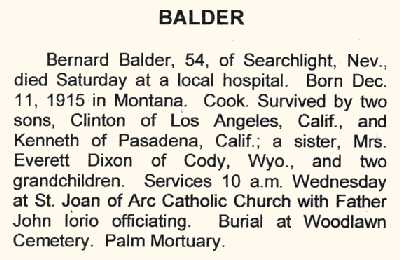 First Obituary of Bernard Alvin Balder, Nevada