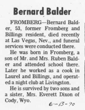 Second Obituary of Bernard Alvin Balder, Montana, June 13, 1970