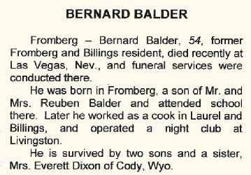 Second Obituary of Bernard Alvin Balder, Montana, June 13, 1970