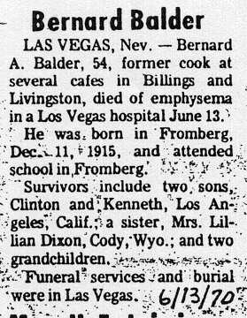 Third Obituary of Bernard Balder, Montana, June 13, 1970