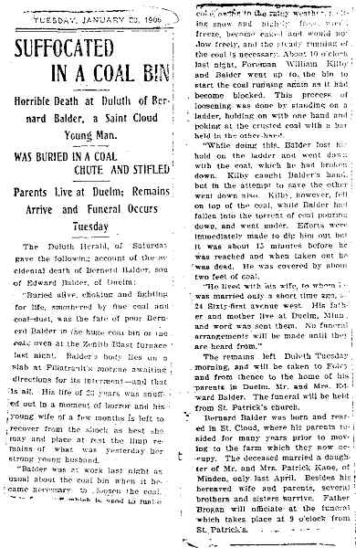 'Suffocated in a Coal Bin - Horrible Death at Duluth of Bernard Balder, a Saint Cloud Young Man,' Jan. 23, 1906.