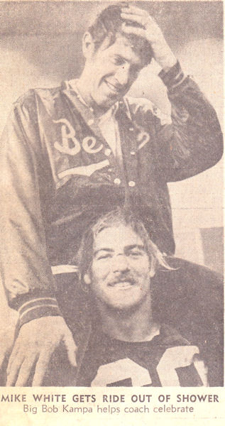 Mike White Gets Ride Out of Shower; Big Bob Kampa helps coach celebrate