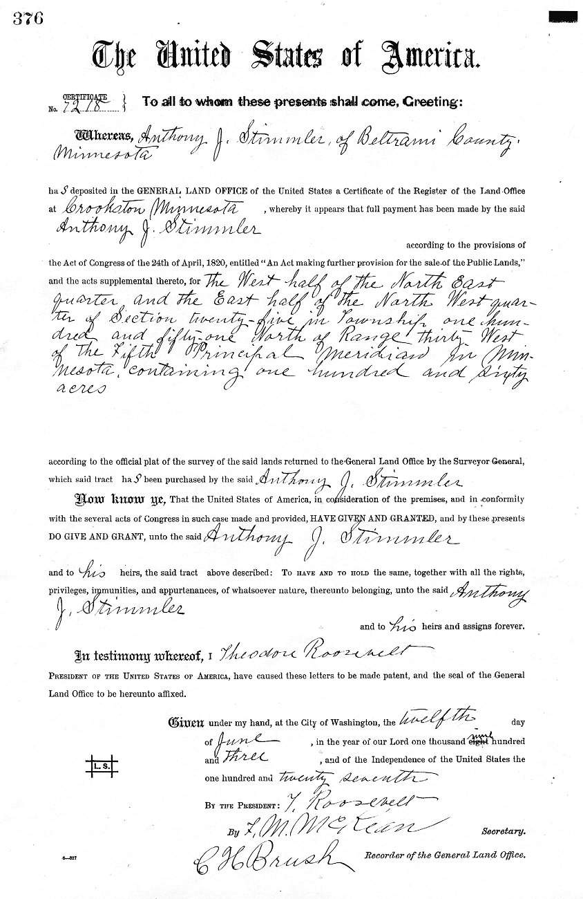 Homestead Deed for Anthony J. Stimmler, signed June 12, 1903.
