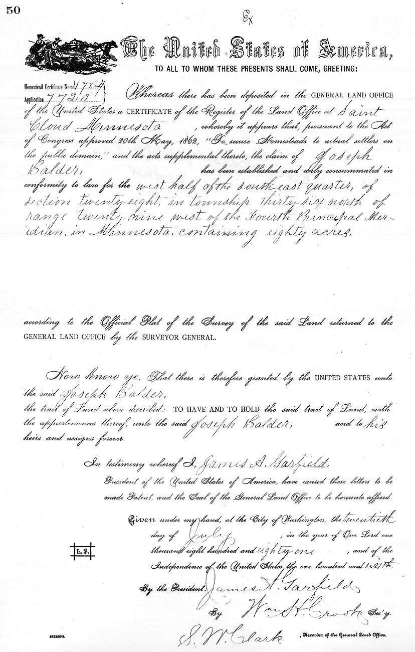 Homestead Deed for Joseph Balder, signed July 20, 1881.