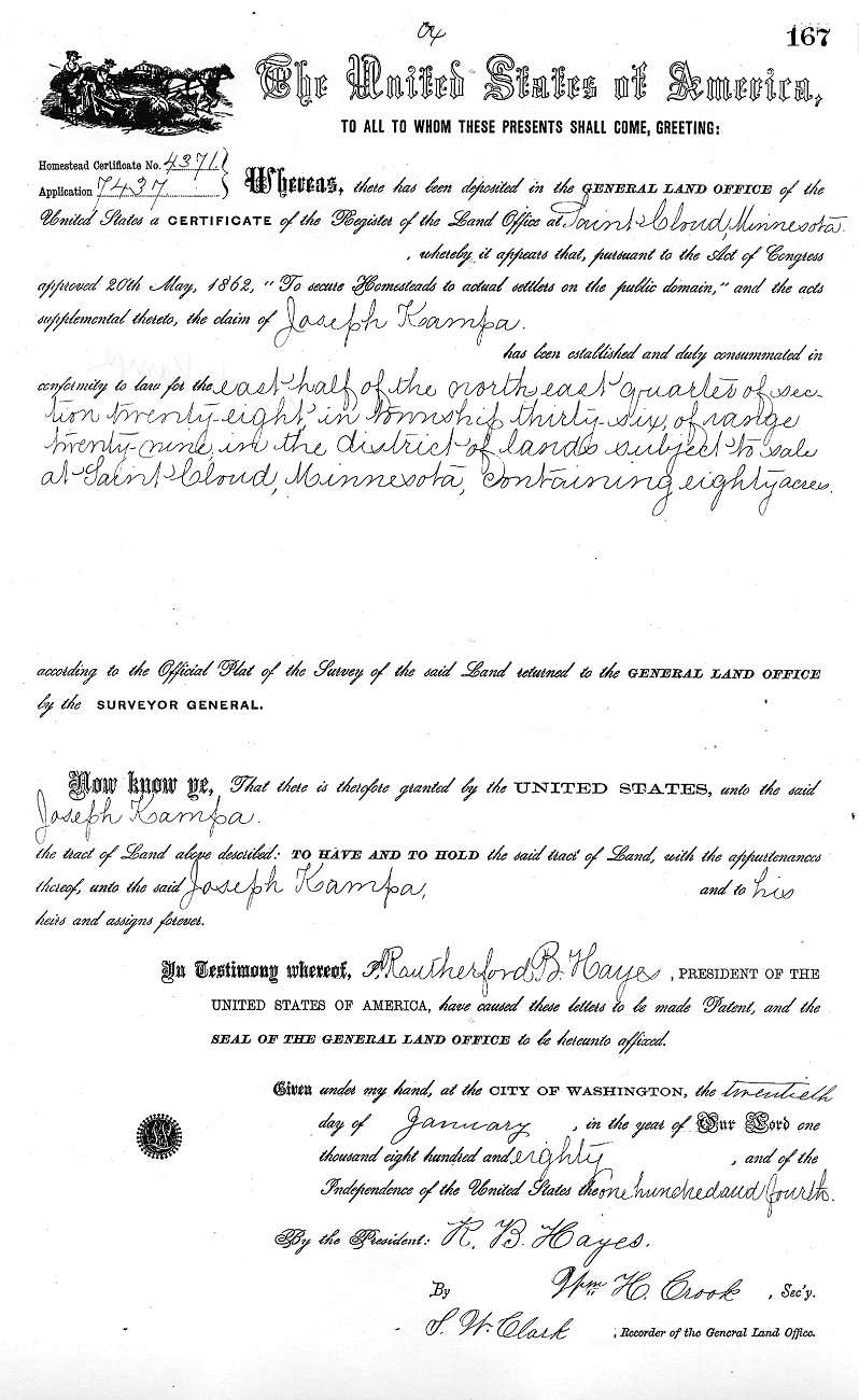 Homestead Deed for Joseph Kampa, signed January 20, 1880.