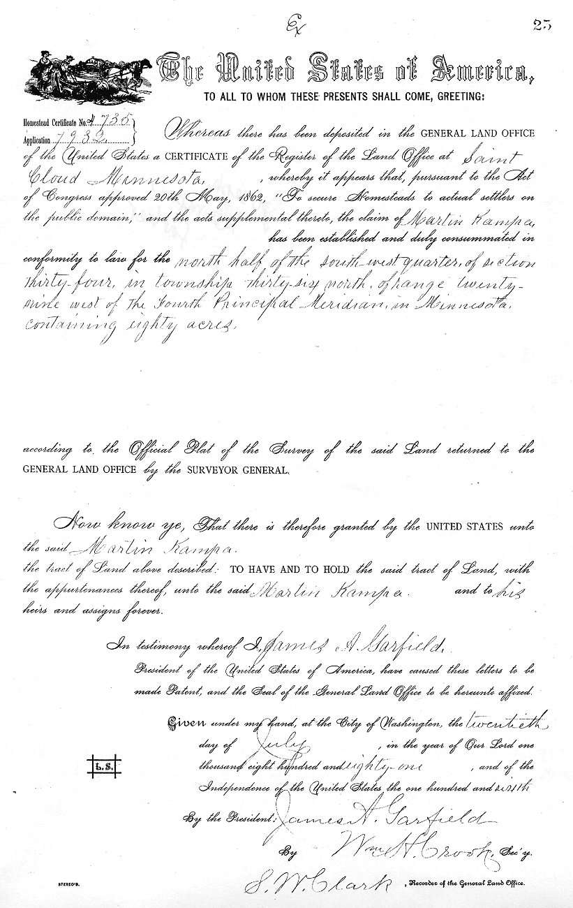 Homestead Deed for Martin Kampa, signed July 20, 1881.