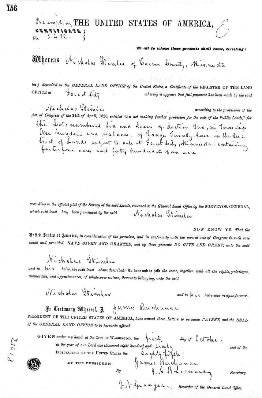Homestead Deed for Nicholas Stimmler, signed October 1, 1860.