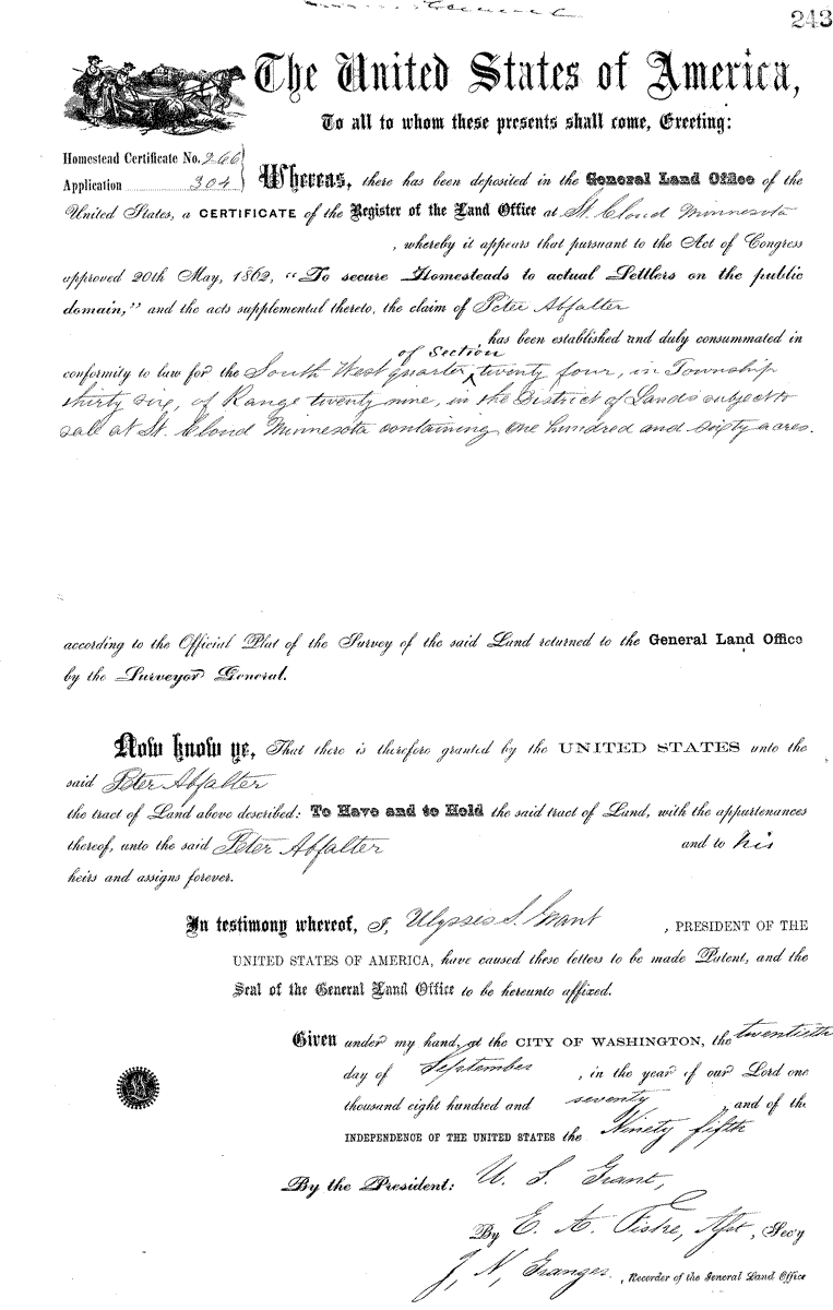Homestead Deed for Peter Abfalter, signed September 20, 1870.