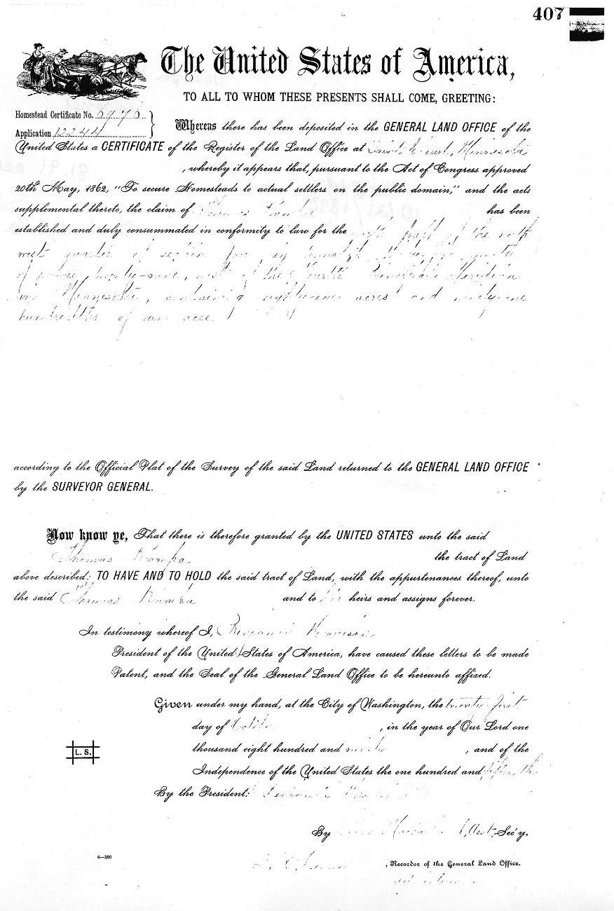 Homestead Deed for Thomas Kampa, signed October 21, 1890.