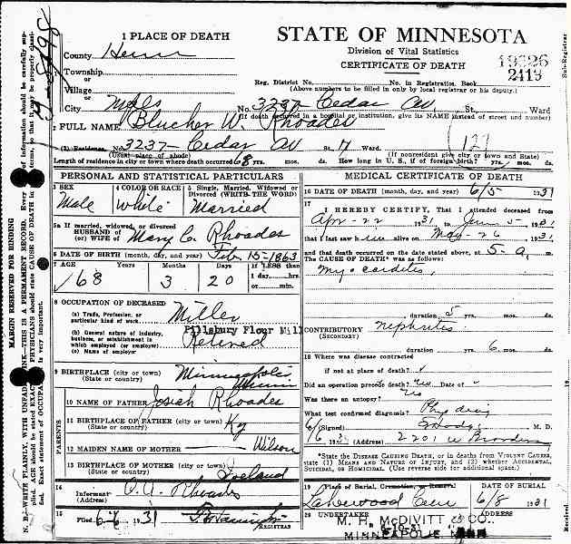 Certificate of Death for Blucher W. Rhoades.