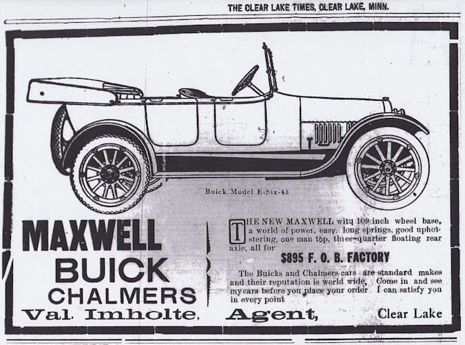 Buick Maxwell advertisement with Val Imholte, Agent, from The Clear Lake Times, 1 May 1919, p. 8, col. 1