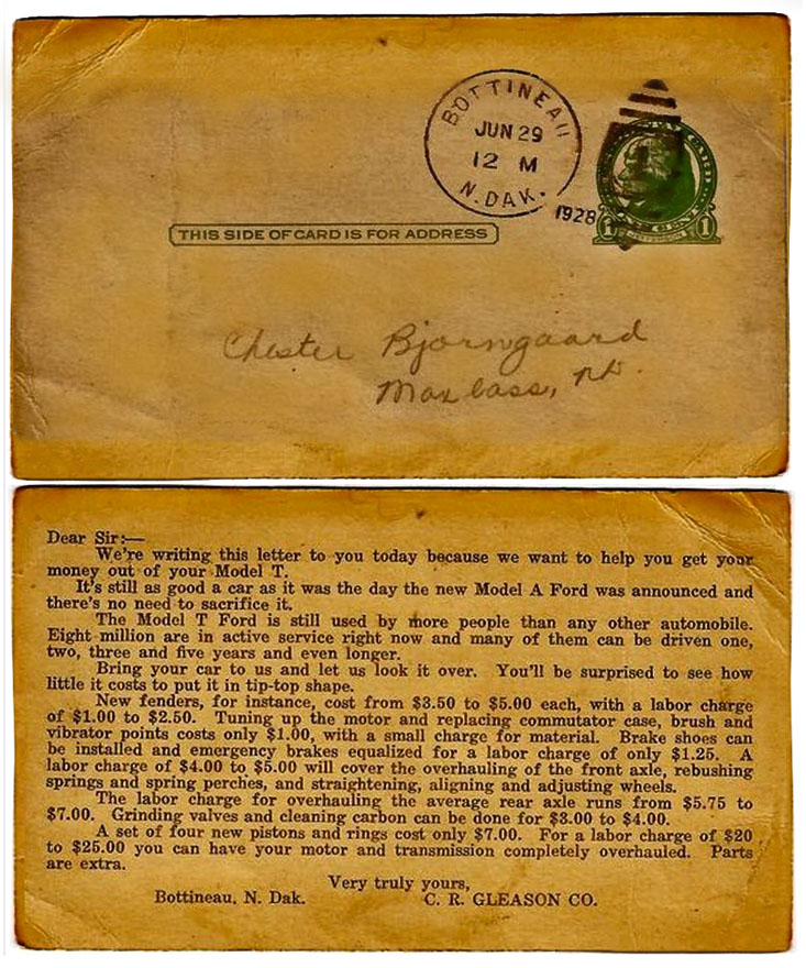 Prices for car repairs in 1928