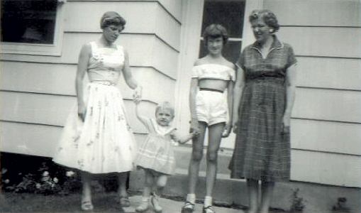 Left to right:  Carol Baily (n&eacute;e Morse), Linda Morse, Joan Kampa and Alvina Morse (n&eacute;e Kampa), June 26, 1955.