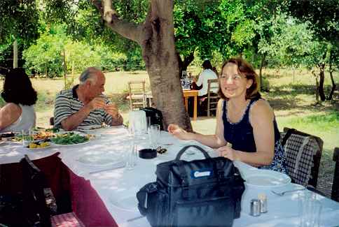 Carol Butros at outdoor restaurant in Turkey, June 2001.