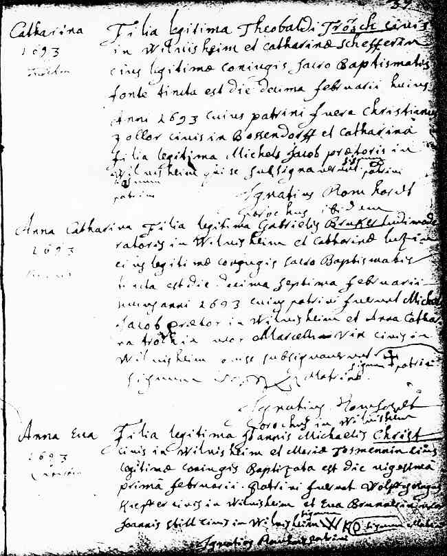 St-Martin Parish Baptismal Record of Catharina Tr&ouml;sch, February 10, 1693.
