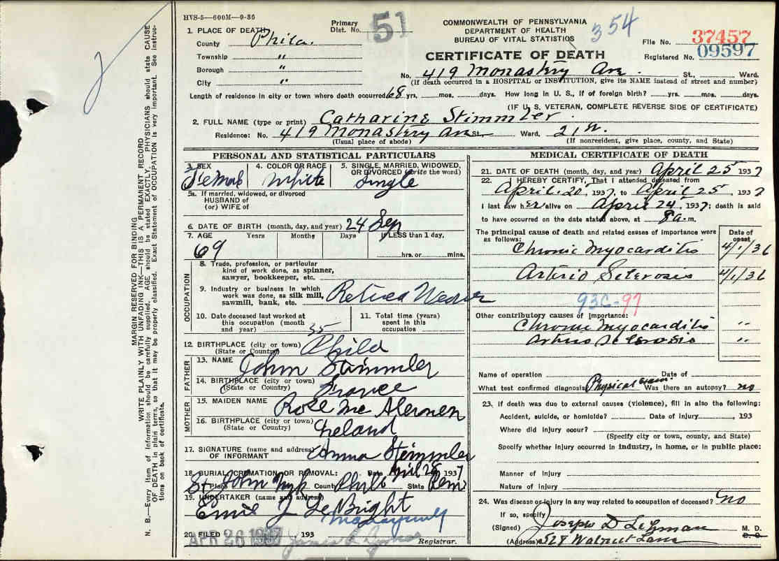 Death Certificate of Catharine Stimmler