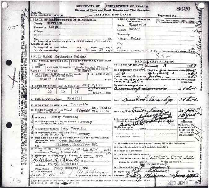 Certificate of Death for Catherine Balder (n&eacute;e Voerding).