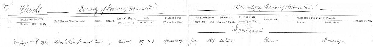 Charles Kaufmann's Carver County death certificate