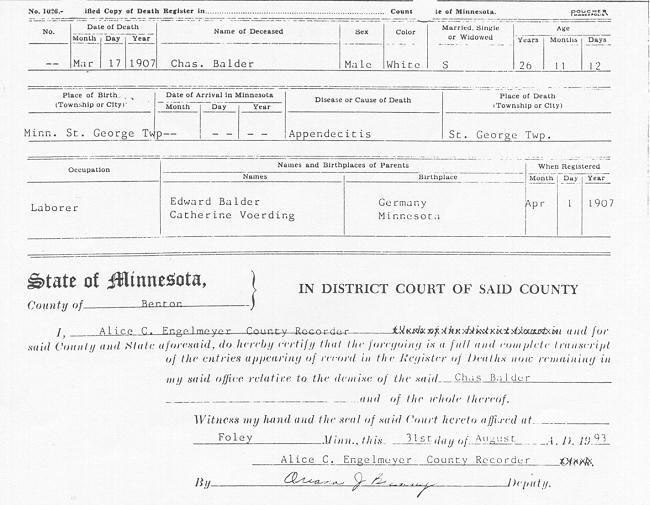 Death Certificate of Charles Balder.