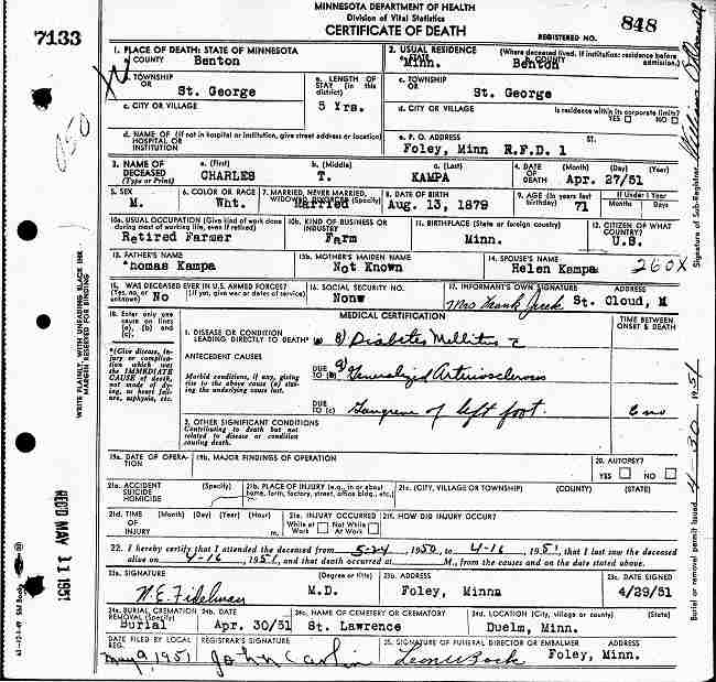 Certificate of Death for Charles T. Kampa.