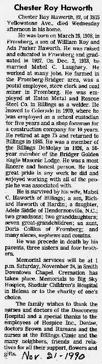 Obituary of Chester Roy Haworth