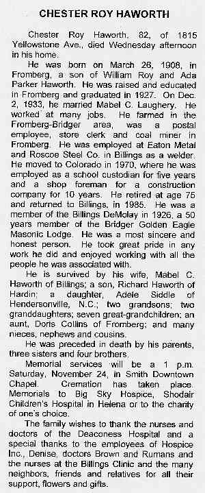 Obituary of Chester Roy Haworth
