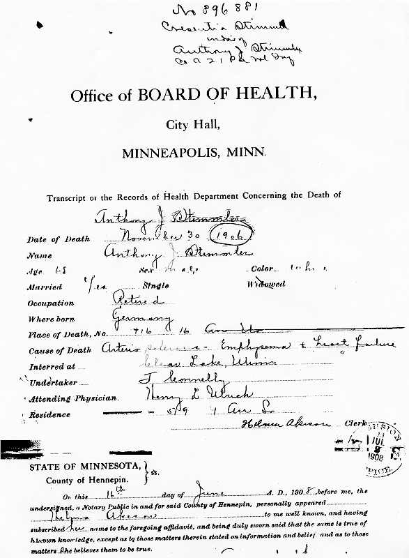 Office of Board of Health Transcript Concerning Death of Anthony J. Stimmler, June 16, 1908.