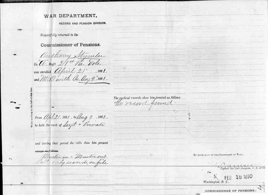 Medical Records Search for Commissioner of Pensions, February 18, 1890.