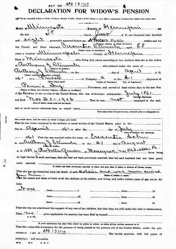 Declaration for Widow's Pension, April 19, 1908.