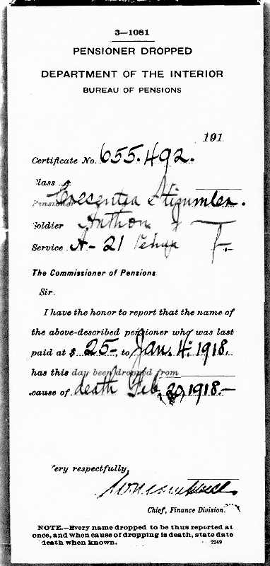 Department of the Interior, Bureau of Pensions, Pensioner Dropped, February 20, 1918.