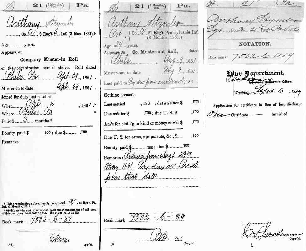 Anthony Stimmler Application for a Certificate in Lieu of Lost Discharge, September 6, 1889.