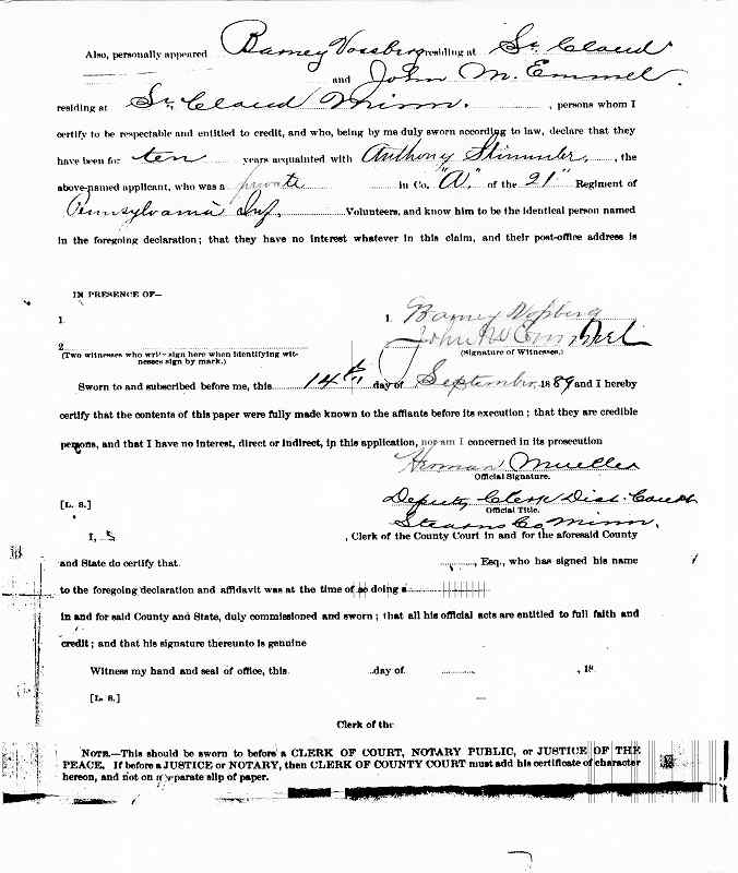 Anthony Stimmler Claim for Pension dated September 14, 1889, page two.