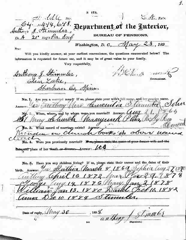 Dept. of the Interior Questionnaire filled out by Anthony Stimmler dated May 30, 1898.