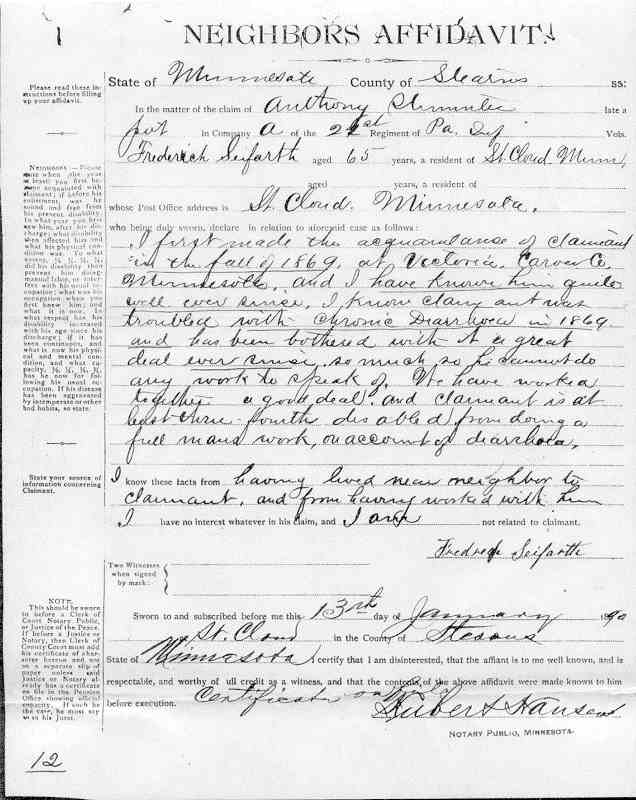 Neighbors Affidavit signed by Frederich Seifarth, Jan. 13, 1890.
