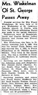 Obituary of Mrs. Clara Winkelman, Benton County News, January 21, 1959.