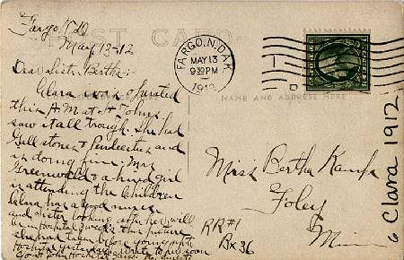 Back of postcard from Ernest Greenwood to Bertha Kampa, dated and postmarked May 13, 1912, showing photograph of Clara Greenwood (n&eacute;e Kampa).