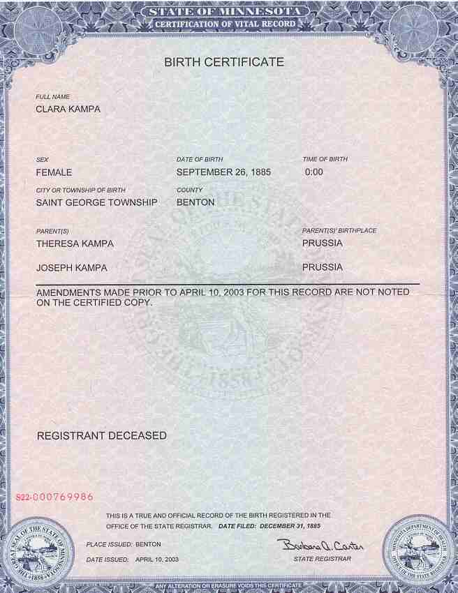 Birth Certificate of Clara Kampa.