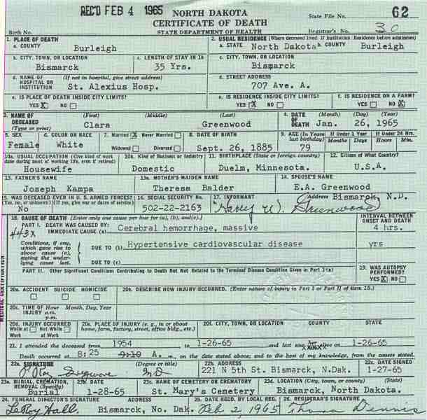 Certificate of Death for Clara Greenwood (n&eacute;e Kampa).
