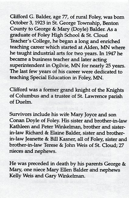 In Memory of Clifford G. Balder.