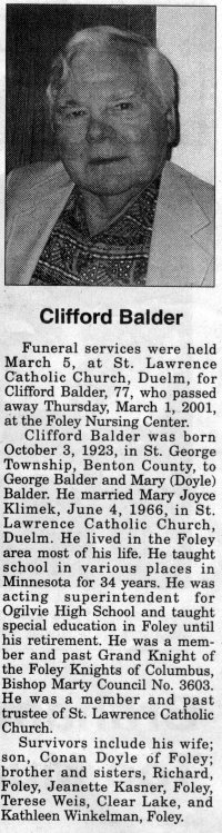 Obituary of Clifford Balder, March 6, 2001.