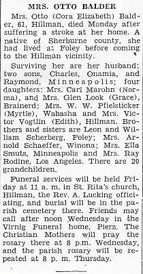 Obituary of Mrs. Otto Balder, 'Little Falls Daily Transcript,' Tuesday, September 16, 1958.