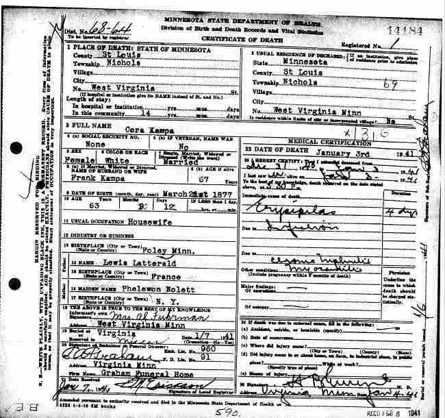 Certificate of Death for Cora Kampa.