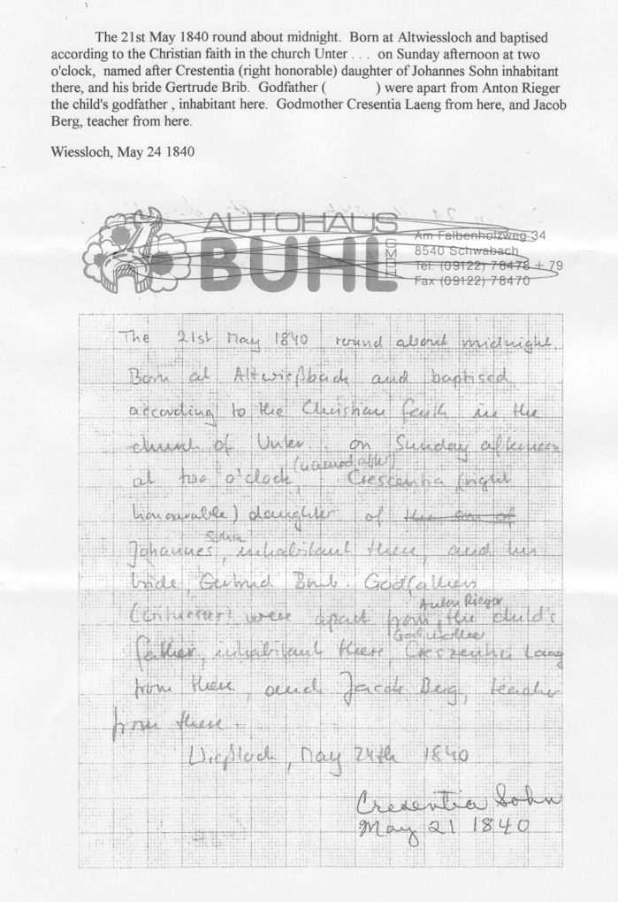 Baptismal Record of Crescentia Sohn, translated into English