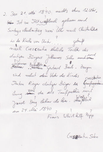 Baptismal Record of Crescentia Sohn, translated into modern-day German